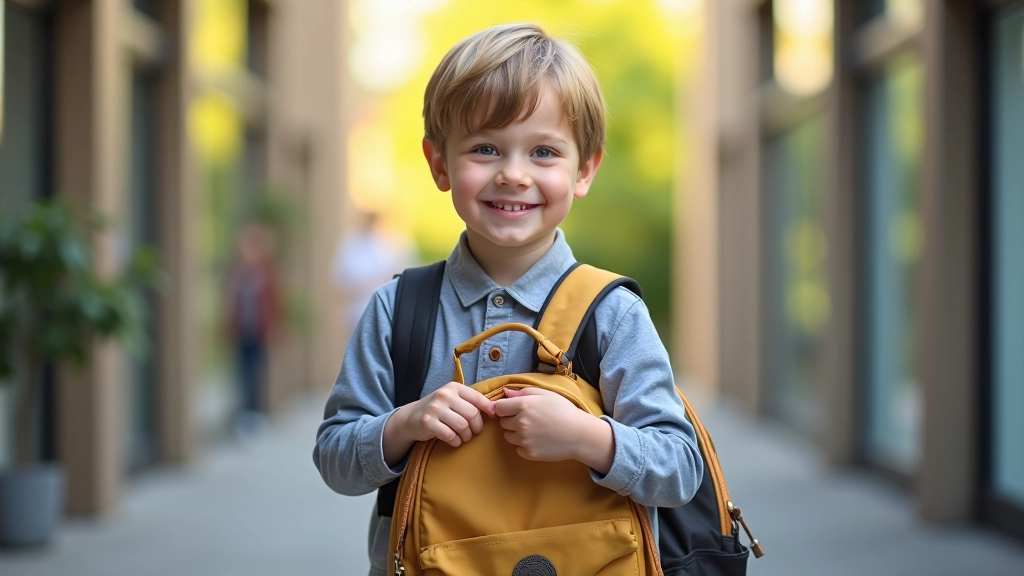 Kind öffnet neuen Schulrucksack mit Schulunterlagen an Schuleingang
