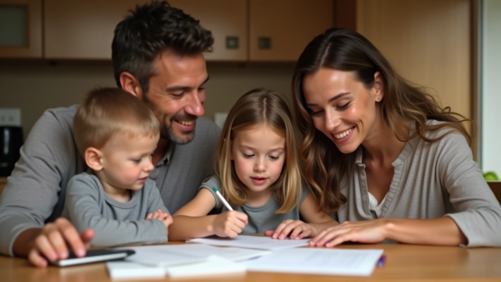 Familie mit Kindern beim Besprechen von finanziellen Angelegenheiten, Eltern und Kinder zusammen am Tisch