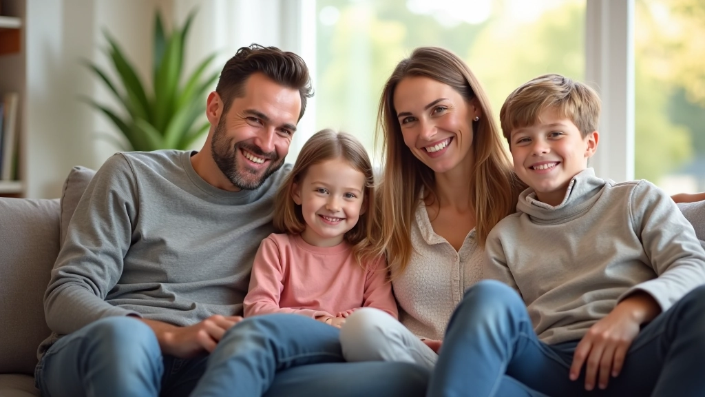 Glückliche Familie mit Kind beim Entspannen zu Hause, finanzielle Entlastung symbolisierend
