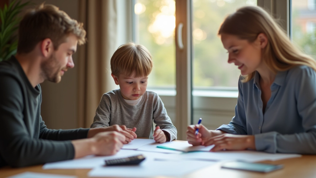 Familie mit Kind beim Besprechen von Finanzangelegenheiten