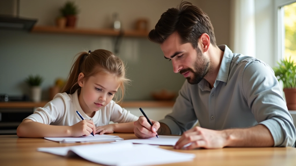 Vater und Tochter schauen gemeinsam auf Schulzeugnis am Küchentisch
