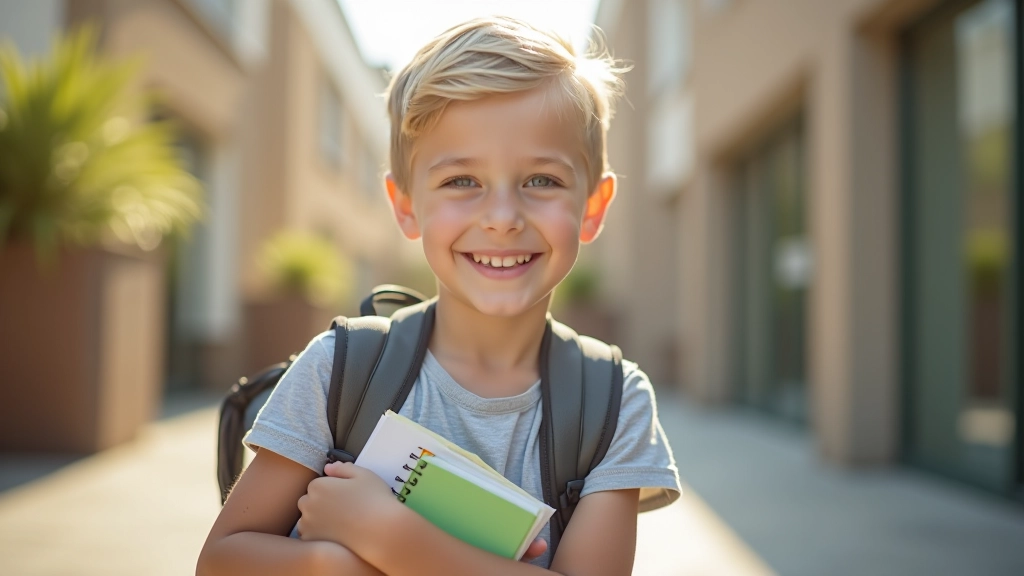 Kind mit Schulrucksack und Büchern