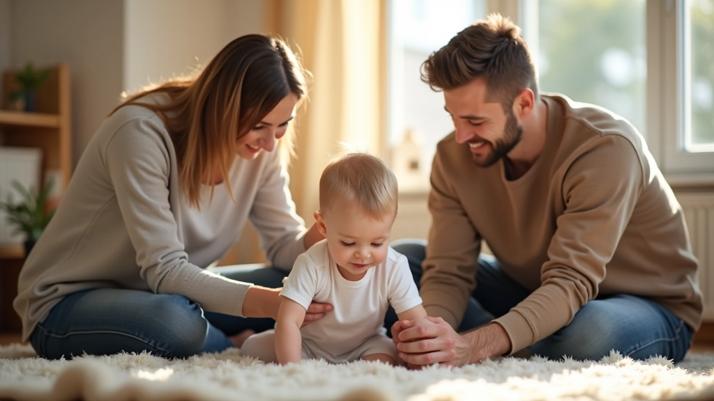 Eltern beim Spielen mit Kleinkind, glückliche Familie zu Hause
