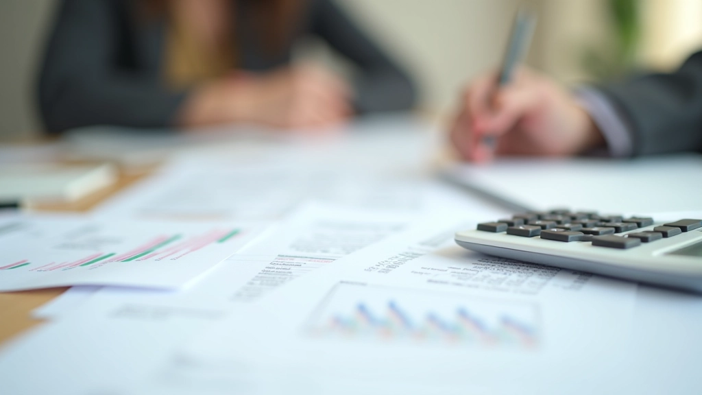 Dokumentenstapel mit Steuerformularen und Taschenrechner auf Schreibtisch