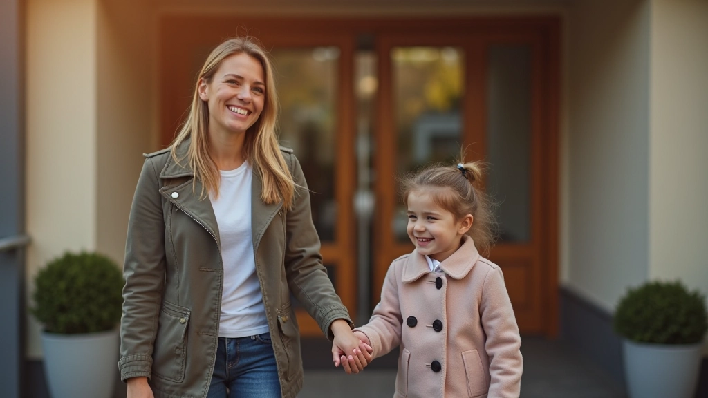 Alleinerziehende Mutter mit Kind beim Abholen aus der Kindertagesstätte