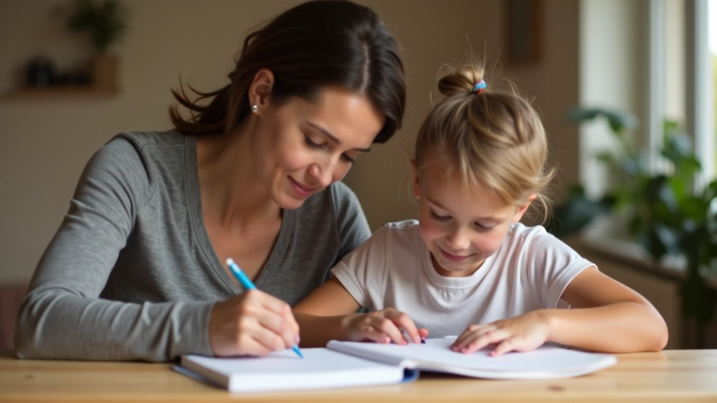 Mutter hilft Kind mit Schulaufgaben am Tisch in freundlichem Wohnzimmer