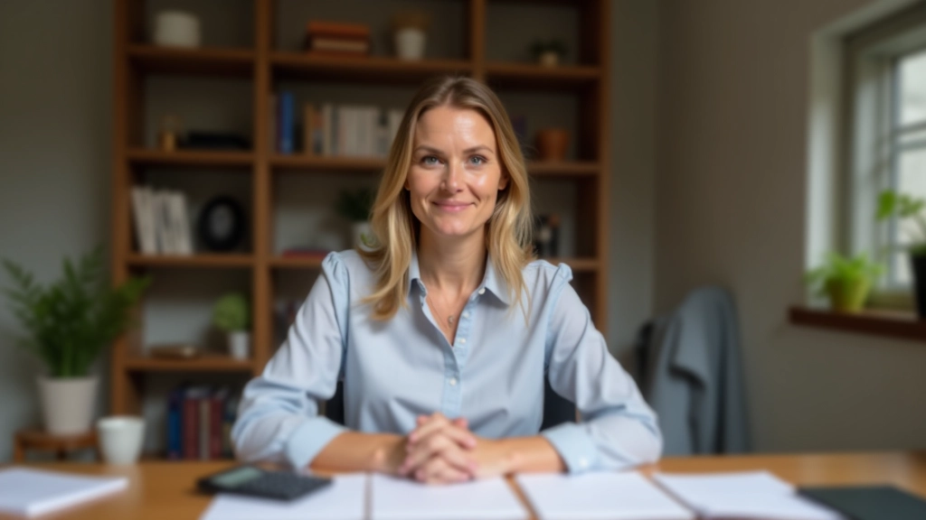 Frau sitzt am Schreibtisch mit Dokumenten und Taschenrechner zur Steuererklärung