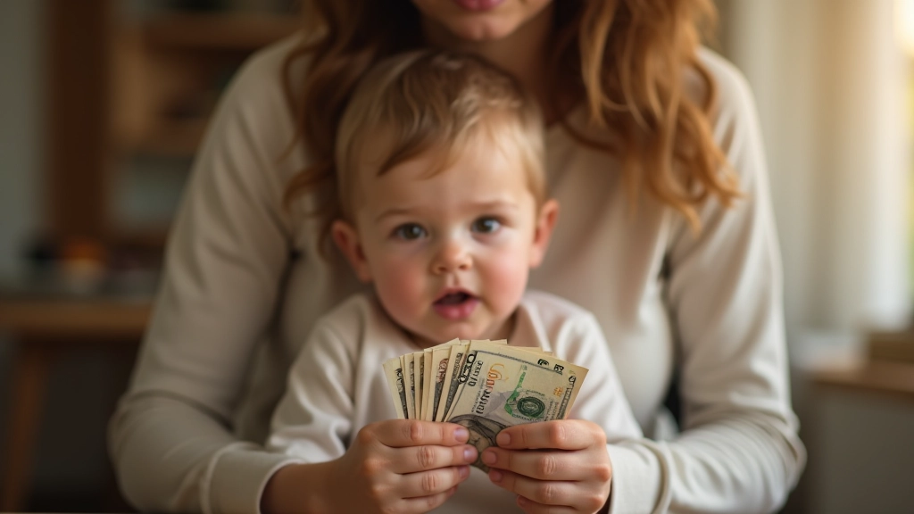 Mutter mit Kind und Geldscheine, symbolisiert monatliche Kindergeldzahlung